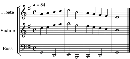 flute = \relative c'' {
\key g \major
\time 4/4
\tempo 4 = 84
g4 a b c | d2 b | a4 g fis e | d1 \bar "|."
}
violin = \relative c'' {
\key g \major
\time 4/4
d4 e g a | b2 g | fis4 e d c | b1 \bar "|."
}
bass = \relative c {
\clef bass
\key g \major
\time 4/4
g2 d | e b | c d | g1 \bar "|."
}
\score {
\new StaffGroup <<
\new Staff \with { instrumentName = "Floete" } \flute
\new Staff \with { instrumentName = "Violine" } \violin
\new Staff \with { instrumentName = "Bass" } \bass
>>
\layout { }
\midi { }
}