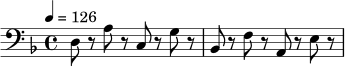 \relative c {
\tempo 4 = 126
\time 4/4
\key d \minor
\clef bass
d8 r a'8 r c,8 r g'8 r | bes,8 r f'8 r a,8 r e'8 r
}