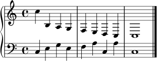 \new PianoStaff <<
\new Staff { \clef treble \time 4/4 c''4 b a g | f e d c | c1 \bar "|." }
\new Staff { \clef bass \time 4/4 c4 e g e | f a c a | c1 \bar "|." }
>>
