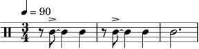 \relative c' {
\tempo 4 = 90
\clef percussion
\time 3/4
r8 c8->~ c4 c4 | r8 c8->~ c4 c4 | c2. |
}