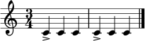 \relative c' {
\time 3/4
c4-> c4 c4 | c4-> c4 c4 |
\bar "|."
}