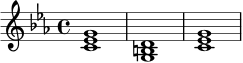 
\relative c' {
  \key c \minor
  \time 4/4
  <c ees g>1 |
  <g b d>1 |
  <c ees g>1 |
}
