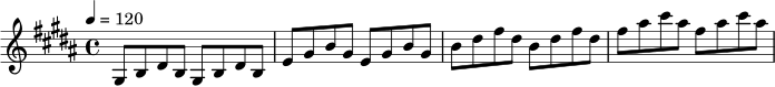 \relative c' {
\key gis \minor
\time 4/4
\tempo 4 = 120
gis8 b dis b gis b dis b |
e8 gis b gis e gis b gis |
b8 dis fis dis b dis fis dis |
fis8 ais cis ais fis ais cis ais |
}