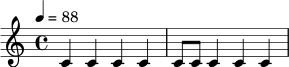 \drummode {
\time 4/4
\tempo 4 = 88
bd4 sn4 bd4 sn4 |
bd8 bd8 sn4 bd4 sn4 |
}