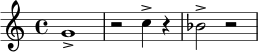 \relative c'' {
\time 4/4
g1-> |
r2 c4-> r4 |
bes2-> r2 |
}