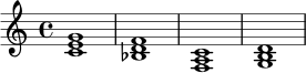 
\relative c' {
  \time 4/4
  <c e g>1 |
  <bes d f>1 |
  <f a c>1 |
  <g b d>1
}
