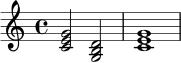 
\relative c' {
  \key c \major
  \time 4/4
  <c e g>2 <g b d>2 | <c e g>1 |
}
