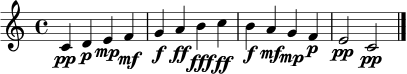 \relative c' {
\clef treble
\time 4/4
c4\pp d\p e\mp f\mf |
g\f a\ff b\fff c\ff |
b4\f a\mf g\mp f\p |
e2\pp c\pp \bar "|."
}