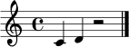 \relative c' { \clef treble \time 4/4 c4 d4 r2 \bar "|." }