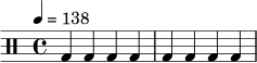 
\version "2.24.0"
\header { tagline = ##f }
\new DrumStaff \drummode {
  \time 4/4
  \tempo 4 = 138
  bd4 bd bd bd |
  bd4 bd bd bd |
}
