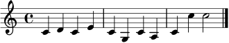 \relative c' { \clef treble \time 4/4 c4 d c e | c g c a | c c' c2 | \bar "|." }