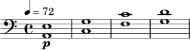 \relative c {
\clef bass
\key c \major
\time 4/4
\tempo 4 = 72
<a e'>1\p |
<c g'>1 |
<f c'>1 |
<g d'>1 |
}