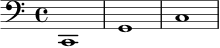 \new Staff { \clef bass c,1 g,1 c1 }