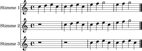 \version "2.24.0"
\score {
<<
\new Staff \with { instrumentName = "Stimme 1" midiInstrument = "choir aahs" } \relative c'' { \clef treble \key c \major \time 4/4 c4 d e c | c d e c | e f g2 | e4 f g2 \bar "|." }
\new Staff \with { instrumentName = "Stimme 2" midiInstrument = "choir aahs" } \relative c'' { \clef treble \key c \major \time 4/4 r1 | c4 d e c | c d e c | e f g2 \bar "|." }
\new Staff \with { instrumentName = "Stimme 3" midiInstrument = "choir aahs" } \relative c'' { \clef treble \key c \major \time 4/4 r1 | r1 | c4 d e c | c d e c \bar "|." }
>>
\layout {}
\midi {}
}