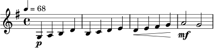 \relative c' {
\key g \major
\time 4/4
\tempo 4 = 68
g4\p a b d | b4 c d e | d4\< e fis g\! | a2\mf g2 |
}