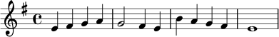 \relative c' {
\key e \minor
\time 4/4
e4 fis g a |
g2 fis4 e |
b'4 a g fis |
e1 |
}