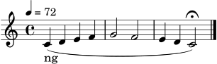\version "2.24.1"
\score {
<<
\new Staff {
\clef treble
\time 4/4
\tempo 4 = 72
\relative c' {
c4( d e f | g2 f2 | e4 d c2)\fermata \bar "|."
}
}
\addlyrics { ng ng ng ng ng ng ng ng ng }
>>
\layout { }
\midi { }
}