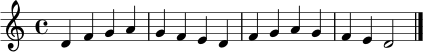 \relative c' { \clef treble \key d \dorian \time 4/4 d4 f g a g f e d f g a g f e d2 \bar "|." }