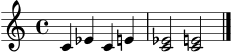 \version "2.22.0"
\language "deutsch"
\header { tagline = "" }
\score {
\new Staff \relative c' {
\clef treble
\time 4/4
c4 es c e
<c es>2 <c e>
\bar "|."
}
\layout { }
\midi { \tempo 4 = 68 }
}