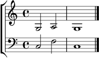 \new ChoirStaff <<
\new Staff \relative c' {
\clef treble
\time 4/4
g2 a2 | g1 \bar "|."
}
\new Staff \relative c {
\clef bass
\time 4/4
c2 f2 | c1 \bar "|."
}
>>