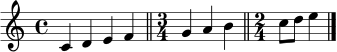 \relative c' { \clef treble \time 4/4 c4 d4 e4 f4 \bar "||" \time 3/4 g4 a4 b4 \bar "||" \time 2/4 c8 d8 e4 \bar "|." }