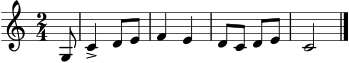 \version "2.24.0"
\score {
\new Staff \relative c' {
\clef treble
\key c \major
\time 2/4
\partial 8 g8 | c4-> d8 e8 | f4 e4 | d8 c8 d8 e8 | c2 \bar "|."
}
\layout { }
\midi { \tempo 4 = 108 }
}