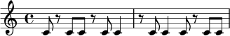 \relative c' {
\time 4/4
c8 r8 c8 c8 r8 c8 c4 |
r8 c8 c4 c8 r8 c8 c8 |
}