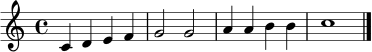 \relative c' { \clef treble \time 4/4 c4 d e f | g2 g | a4 a b b | c1 \bar "|." }