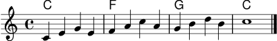 \score {
<<
\new ChordNames \chordmode { c1 f g c }
\new Staff \relative c' {
\clef treble
\time 4/4
c4 e g e | f4 a c a | g4 b d b | c1 \bar "|."
}
>>
\layout { }
\midi { }
}