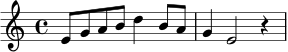 \relative c' {
\time 4/4
e8 g a b d4 b8 a |
g4 e2 r4
}