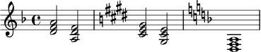 
\relative c' {
  \key d \minor
  \time 4/4
  <d f a>2 <a d f>2 |
  \key cis \minor
  <cis e gis>2 <gis cis e>2 |
  \key d \minor
  <d f a>1 |
}
