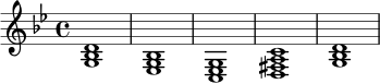 \relative c' {
\key g \minor
\time 4/4
<g bes d>1 |
<ees g bes>1 |
<c ees g>1 |
<d fis a c>1 |
<g bes d>1
}