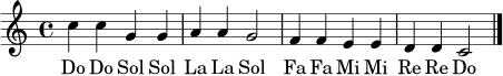 \relative c'' {
\clef treble
\key c \major
\time 4/4
c4 c g g | a a g2 | f4 f e e | d d c2 \bar "|."
}
\addlyrics { Do Do Sol Sol La La Sol Fa Fa Mi Mi Re Re Do }
