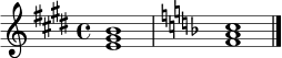 
\relative c' {
\time 4/4
\key e \major
<e gis b>1 |
\key f \major
<f a c>1 \bar "|."
}
