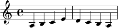 \relative c' {
\key a \minor
\time 4/4
a4 b c e | d c b a |
}