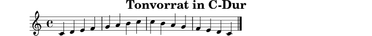 \version "2.24.0"
\paper { tagline = ##f }
\header { title = "Tonvorrat in C-Dur" }
tonleiter = \relative c' {
\clef treble
\key c \major
\time 4/4
c4 d e f |
g4 a b c |
c4 b a g |
f4 e d c \bar "|."
}
\score {
\new Staff \tonleiter
\layout { }
\midi { \tempo 4=88 }
}
