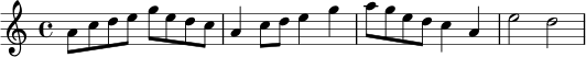 \relative c'' {
\key a \minor
\time 4/4
a8 c d e g e d c | a4 c8 d e4 g | a8 g e d c4 a | e'2 d2 |
}