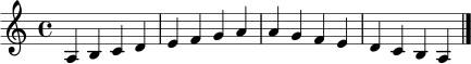 \relative c' {
\clef treble
\time 4/4
a4 b c d | e f g a | a g f e | d c b a \bar "|."
}