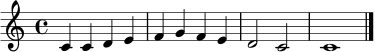 \relative c' {
\clef treble
\time 4/4
c4 c d e | f g f e | d2 c | c1 \bar "|."
}