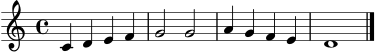 
\header { tagline = ##f }
\score {
  \new Staff \relative c' {
    \clef treble
    \key c \major
    \time 4/4
    c4 d e f | g2 g | a4 g f e | d1 \bar "|."
  }
  \layout { }
  \midi { \tempo 4 = 92 }
}
