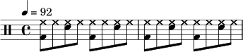 \drums {
\time 4/4
\tempo 4 = 92
<bd hh>8 hh <sn hh> hh <bd hh> hh <sn hh> hh |
<bd hh>8 hh <sn hh> hh <bd hh> hh <sn hh> hh |
}