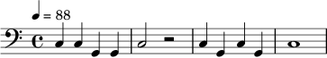 \relative c { \clef bass \set Staff.midiInstrument = "timpani" \tempo 4 = 88 c4 c g g c2 r2 c4 g c g c1 }