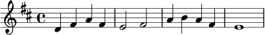 \relative c' { \key d \major \time 4/4 d4 fis a fis | e2 fis | a4 b a fis | e1 }