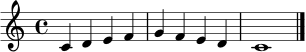\relative c' {
\clef treble
\time 4/4
c4 d e f | g f e d | c1 | \bar "|."
}
