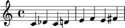 \relative c' { \clef treble \time 4/4 c4 des c d | e f e fis | }