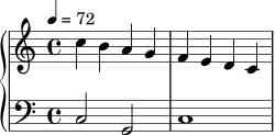 \score {
\new PianoStaff <<
\new Staff {
\clef treble
\time 4/4
\tempo 4 = 72
c''4 b' a' g' | f' e' d' c' |
}
\new Staff {
\clef bass
c2 g, | c1 |
}
>>
\layout { }
\midi { }
}