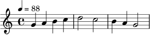 \relative c'' { \set Staff.midiInstrument = "violin" \tempo 4 = 88 g4 a b c d2 c b4 a g2 }
