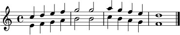 \new Staff <<
\new Voice = "oben" \relative c'' {
\voiceOne
\time 4/4
c4 d4 e4 f4 |
g2 g2 |
a4 g4 f4 e4 |
d1 \bar "|."
}
\new Voice = "unten" \relative c' {
\voiceTwo
e4 f4 g4 a4 |
b2 b2 |
c4 b4 a4 g4 |
f1
}
>>