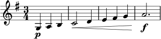\relative c' {
\key g \major
\time 3/4
g4\p a b |
c2\< d4 |
e4 fis g |
a2.\f |
}