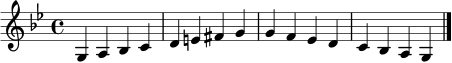 \relative c' { \clef treble \key g \minor \time 4/4 g4 a bes c | d e fis g | g f ees d | c bes a g \bar "|." }